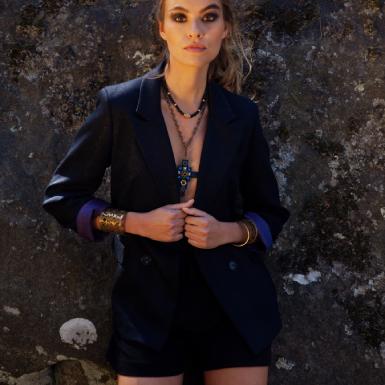 Midnight blue wool curved blazer with iridescent patterns 